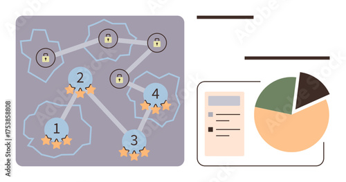 Connected nodes with stars and locked icons representing progress, paired with pie chart and checklist. Ideal for gamification, progress tracking, analytics, education, achievements, goals