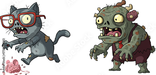 Funny cartoon zombie cat wearing glasses with brain and scary zombie monster, humorous undead characters vector illustration on white background