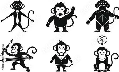 Funny monkey cartoon, business suit monkey, creative pencil monkey, smart idea monkey, tuxedo monkey illustration, abstract animal vector icons