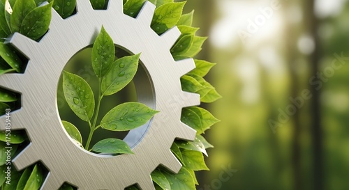 Sunlit Metal Gear Intertwined with Lush Green Leaves Symbolizing Eco-Friendly Industry.