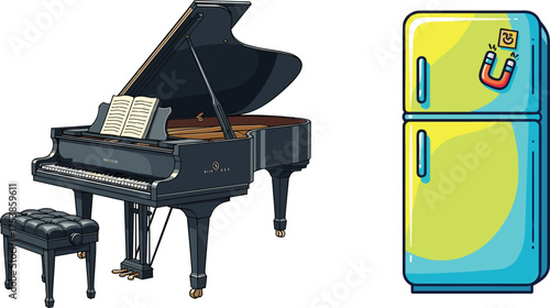 Grand piano with music sheet and colorful refrigerator illustration, musical instrument and kitchen appliance vector design for modern home concept
