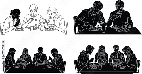 Group of friends eating lunch, students sharing meal, people dining together, casual snack break, cafeteria food, vector illustration, black silhouette