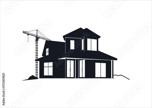 Silhouette of a residential house during construction with a tower crane, a concept for real estate and development