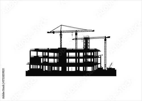 Vector illustration of a high-rise building construction site with tower cranes. Silhouette icon for industrial and real estate development