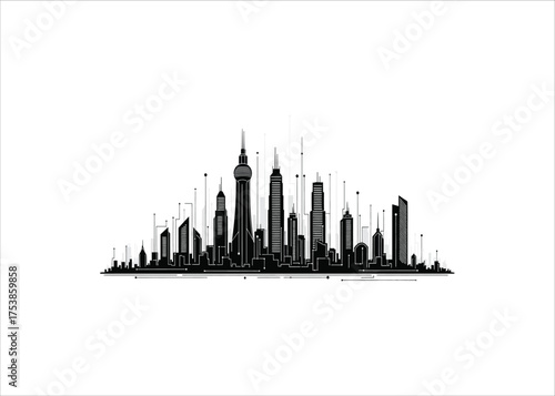 Modern Cityscape Silhouette A Monochromatic Illustration of Skyscrapers and Urban Architecture