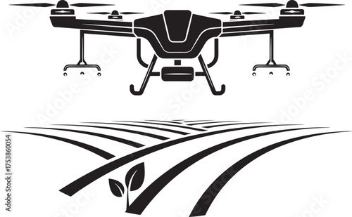 Black drone flying over stylized agricultural fields with plant sprout quadcopter aircraft