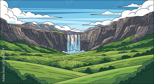 Vibrant cartoon illustration of a majestic waterfall cascading from towering mountains into a lush green valley