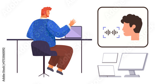 Man at desk interacting with laptop featuring voice recognition. Facial scan interface nearby. Ideal for AI, security, authentication, biometric innovation, remote work, technology innovation, simple