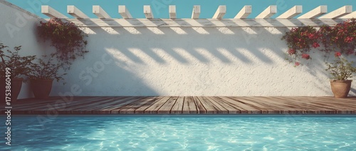 Sunny poolside patio with wooden deck and white pergola casts shadows.