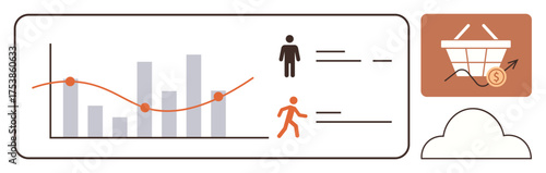 Bar and line graphs, user analytics, shopping cart with upward trend, cloud visualization. Ideal for business analytics, e-commerce, market trends, growth monitoring, cloud solutions data insight