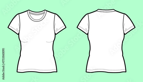 Fitted Short-Sleeve T-Shirt Flat Sketch – Contoured Front & Back View