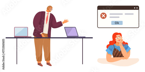 Businessman explaining at desk with laptops while female employee looks puzzled by error pop-up. Ideal for business, workplace issues, troubleshooting, presentations, technology challenges