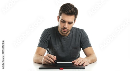 Man Uses Graphic Tablet with Pen on White Background