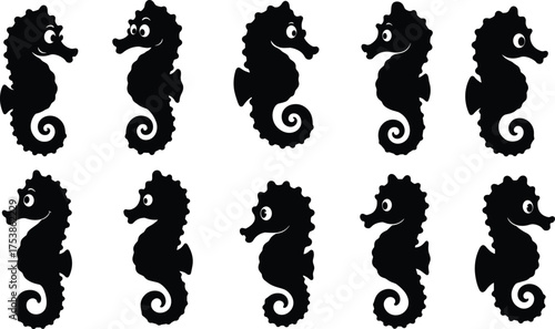 Cute cartoon seahorse silhouettes, funny marine animal illustration, adorable ocean creature vector art, sea life design, black seahorse characters, isolated on white