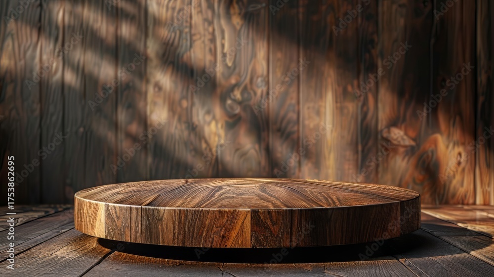 Fototapeta premium Empty round wooden podium on a rustic wood background with dappled sunlight for product presentation.