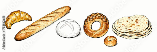 Collection of different types of bread in retro style – French baguette, croissant, lavash, rye and wheat loaves, engraving vector illustration