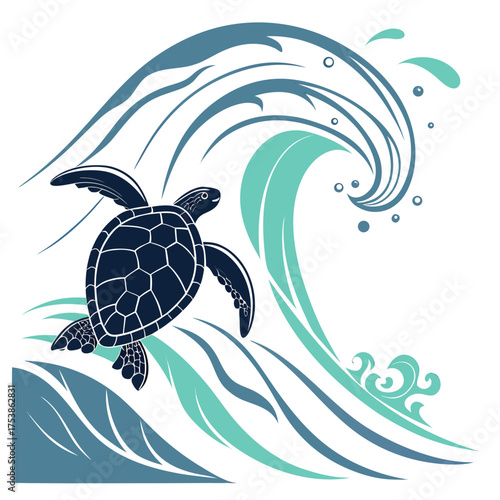 Sea turtle swimming in front of a large wave