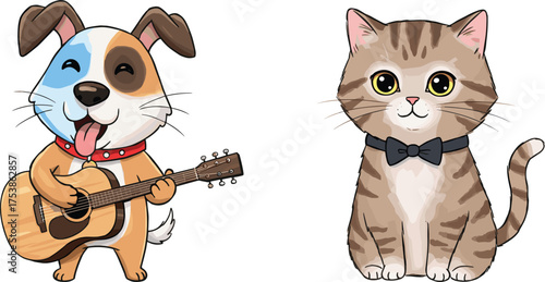 Cute dog playing guitar and adorable cat wearing bow tie, funny cartoon animal illustration, kawaii vector art, white background design