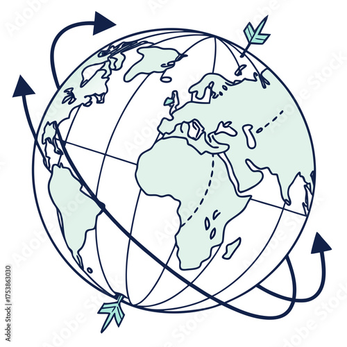 Globe with arrows orbiting, representing global reach