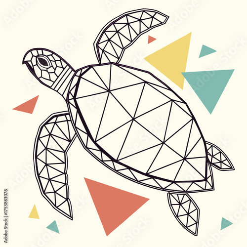 Geometric sea turtle with colorful triangles, modern design