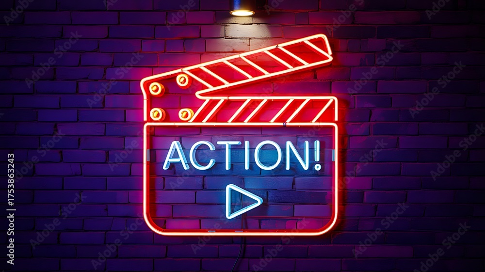 Fototapeta premium Action neon sign with glowing movie clapper on dark brick wall