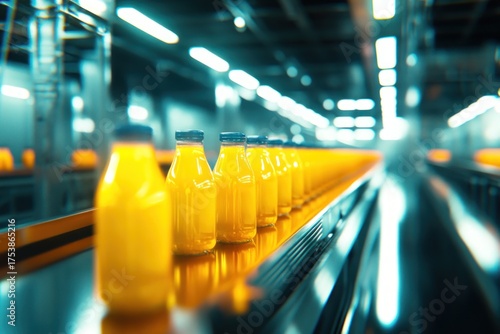 Automated bottling process showcases fresh juice on conveyor belt