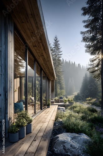 Modern cabin with large windows overlooks a misty forest landscape.