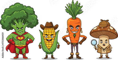 Funny cartoon vegetables characters, superhero broccoli, cowboy corn, villain carrot, detective mushroom illustration, cute healthy food vector art, vegetable heroes design