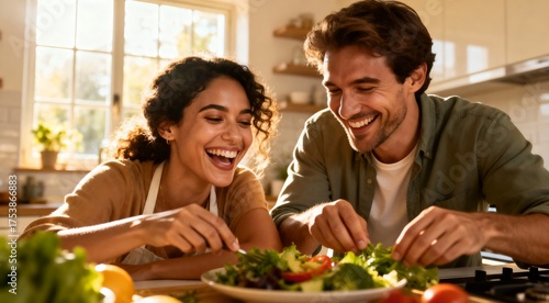 Happy young multiethnic couple laughing while preparing a healthy vegetable salad together in a sunlit kitchen at home