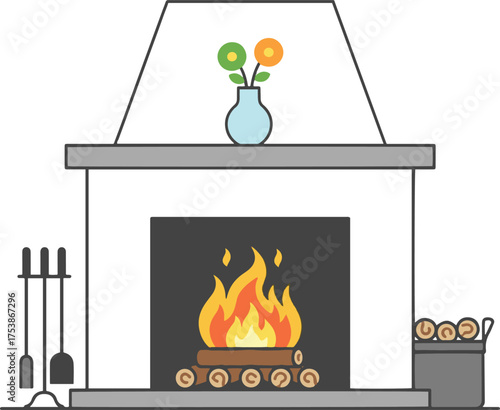 A cozy fireplace scene featuring a lit fire with logs, a vase of flowers on the mantelpiece, fireplace tools, and a log holder with logs on the side.