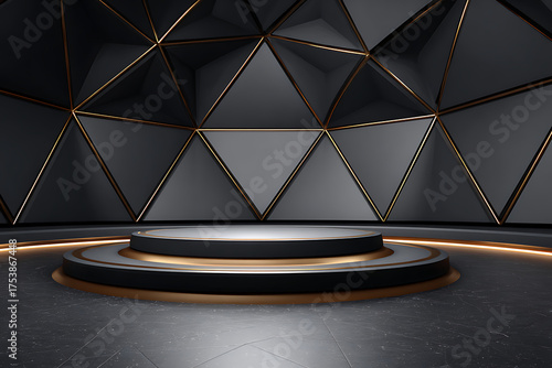 Modern Stage Design With Geometric Patterns and Ambient Lighting in a Sleek Interior Setting