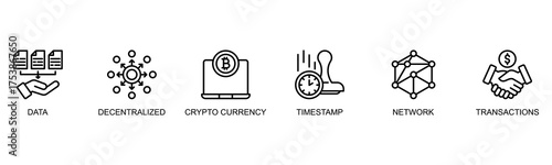 Blockchain banner web icon line style vector illustration concept with icon of blockchain, data, decentralized, crypto currency, timestamp
