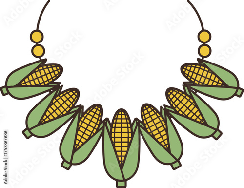 A unique vector illustration of a statement necklace featuring a circular gold chain adorned with numerous stylized corn cobs and their husks, designed in a playful, cartoonish style.