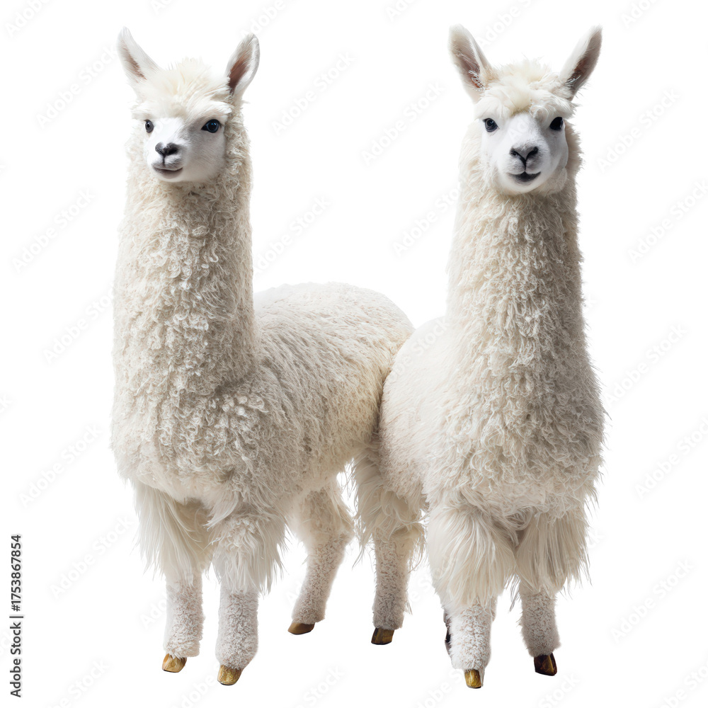 Fototapeta premium Set of white llama couple png llamas png white llamas png alpaca png alpaca pair png fluffy llama png transparent background image