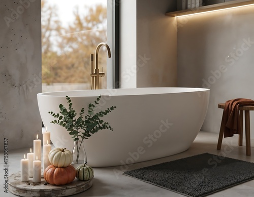 Modern Freestanding Bathtub with Elegant Fixtures and Seasonal Decorations