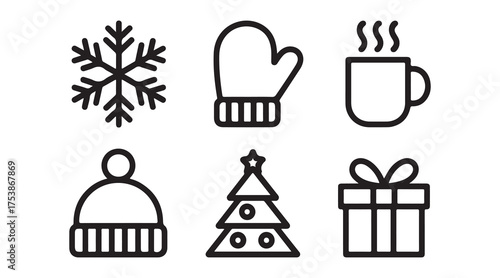 Christmas icons set with snowflake mitten hot drink winter hat tree and gift box vector illustration