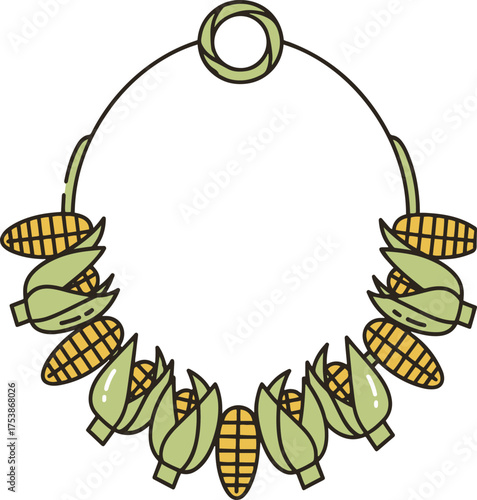 A unique vector illustration of a statement necklace featuring a circular gold chain adorned with numerous stylized corn cobs and their husks, designed in a playful, cartoonish style.