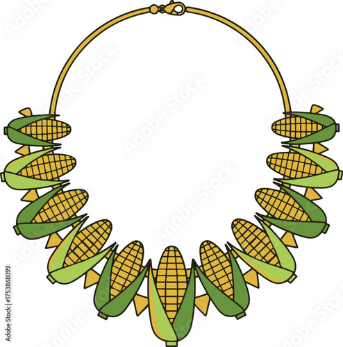A unique vector illustration of a statement necklace featuring a circular gold chain adorned with numerous stylized corn cobs and their husks, designed in a playful, cartoonish style.