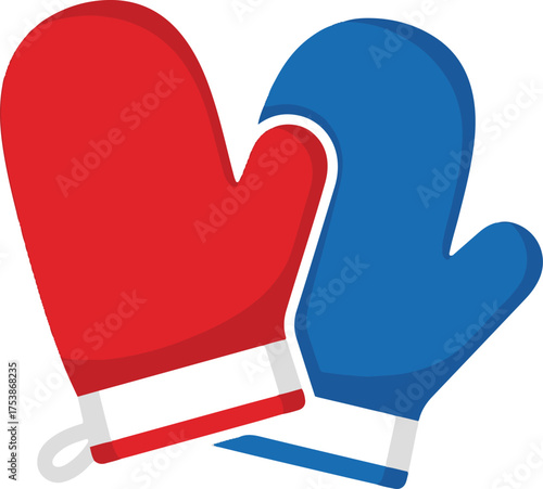 A symmetrical vector illustration of two brightly colored oven mitts, one red and one blue, each with a hanging loop and a simple, clean design, facing each other in a welcoming kitchen-themed graphic