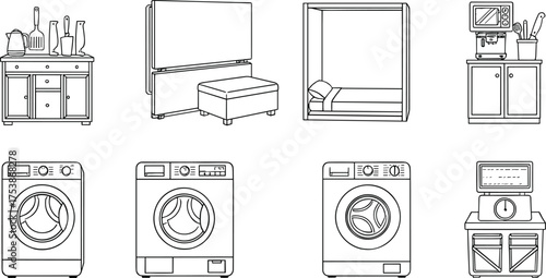 Home Furniture and Household Appliances Line Art Icon Set, Washing Machines, Kitchen Cabinets, Murphy Bed, and Interior Design Elements Outline Vector Graphics
