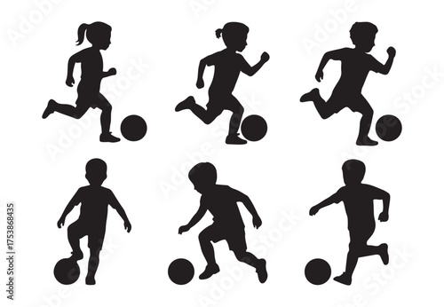 set of six kid play soccer silhouette vector. silhouettes of children playing soccer
