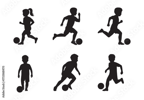set of six kid play soccer silhouette vector. silhouettes of children playing soccer