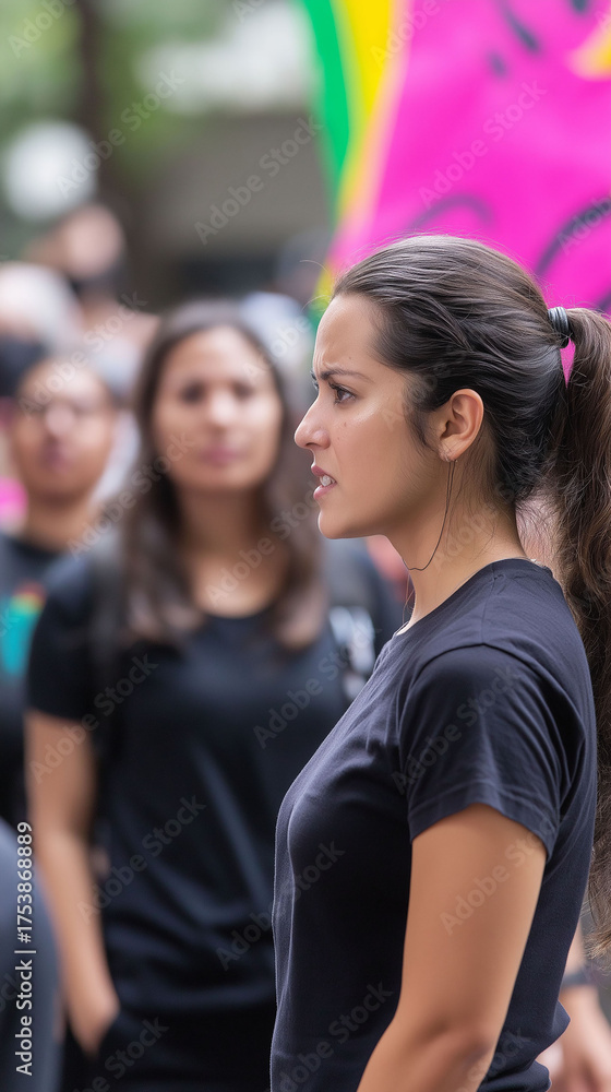 Obraz premium A young woman in profile, with a serious look, is at a peaceful protest.