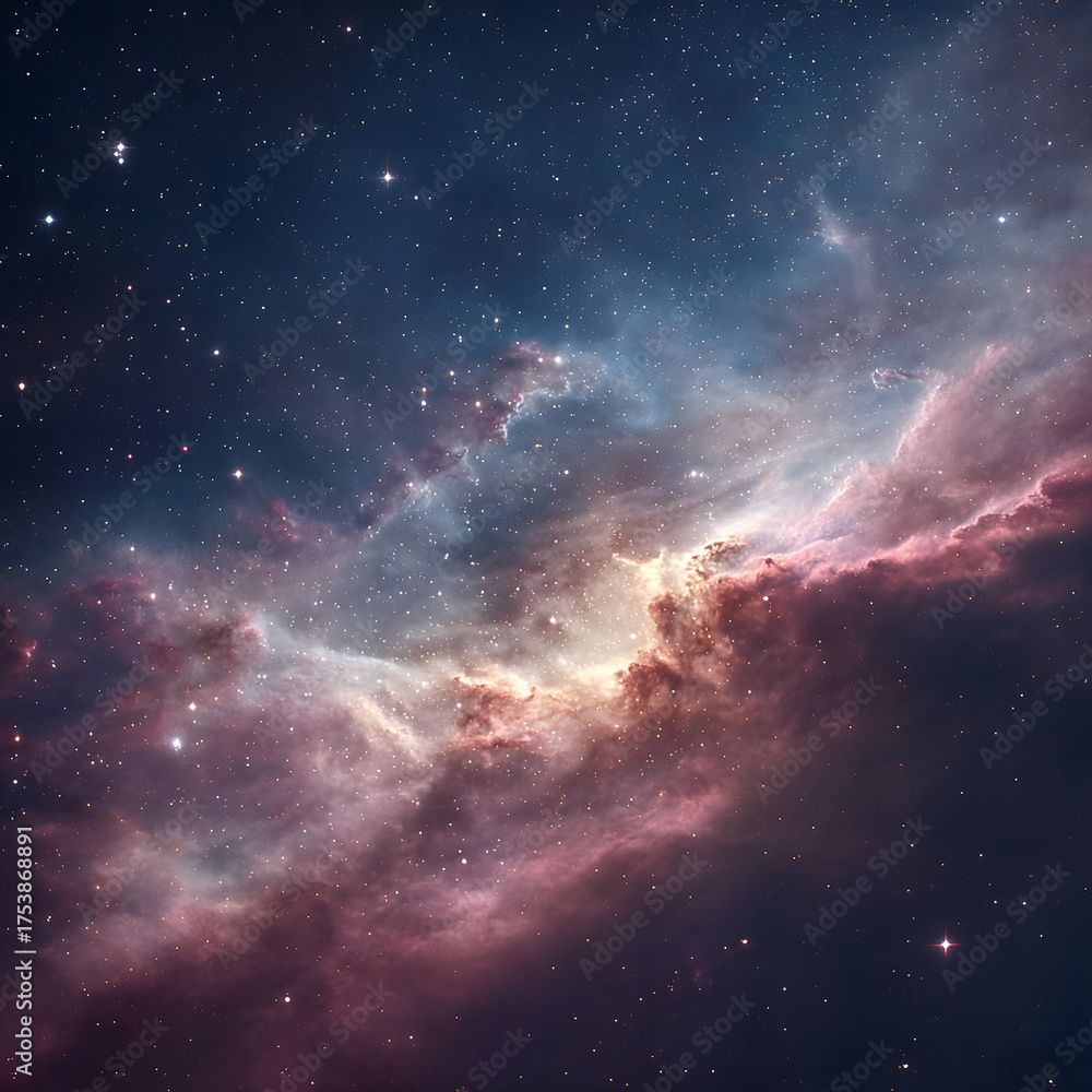 Fototapeta premium Majestic Nebula and Starfield in Deep Space, Cosmic Cloud with Pink and Blue Hues, Galactic Scenery, Astronomy Background, Universe Exploration