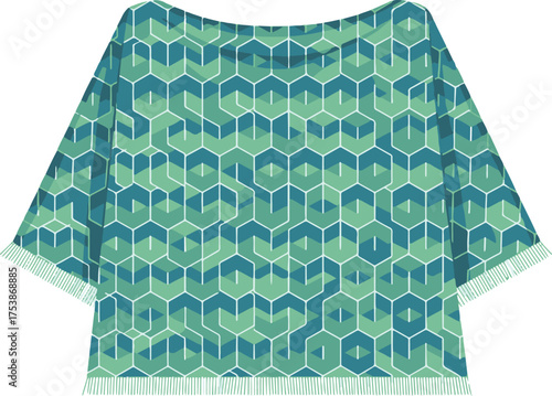 A flat-lay vector illustration of a women's poncho or loose-fitting top featuring a dynamic, repeating geometric pattern of interlocking hexagons and angular shapes in various shades of teal 