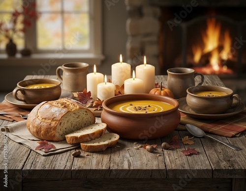 Cozy Autumn Feast Warm Soup Bread Candles Fireplace Cozy Evening Ambiance
