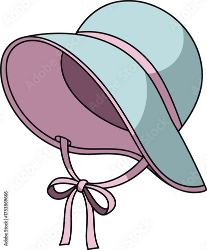A charming cartoon baby bonnet in soft blue and pink, with a pink ribbon tied in a bow, perfect for infants.