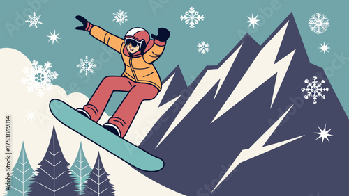 Person snowboarding with mountains and snowflakes in the background on a winter day scene outdoors