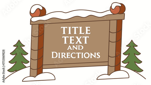 Cartoon winter scene featuring a wooden sign with snow, text, and two small christmas trees