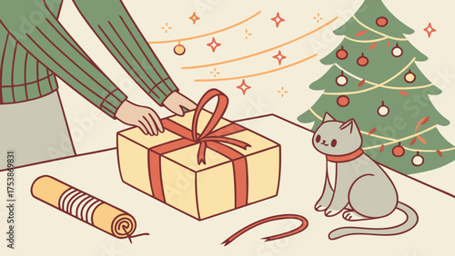 Person wrapping a christmas gift with a red ribbon while a gray cat watches near a decorated tree